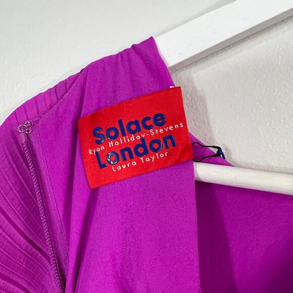 Solace London Tanzy Fuchsia Pleated White Bow Long Sleeve Mini Cocktail Dress - Picture 13 of 16